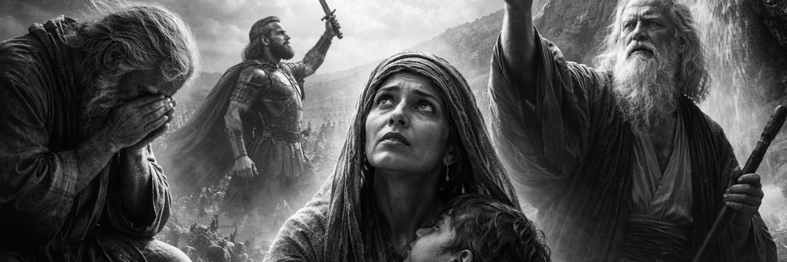 Black-and-white photorealistic scene of Elijah praying, the widow of Zarephath holding her child, Joshua with a raised sword, and Moses by the rock—showing that prayer is not a magic phrase.