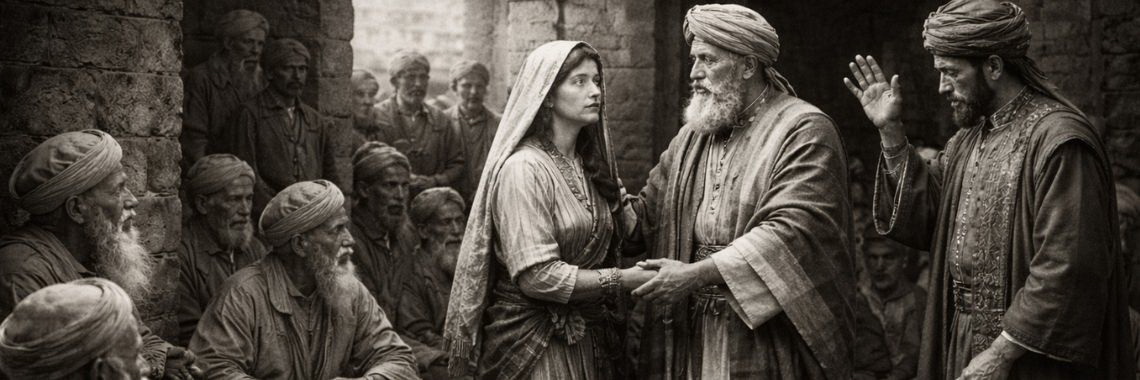 Black-and-white photorealistic scene of Boaz redeeming Ruth at the city gate as elders witness the sandal exchange.