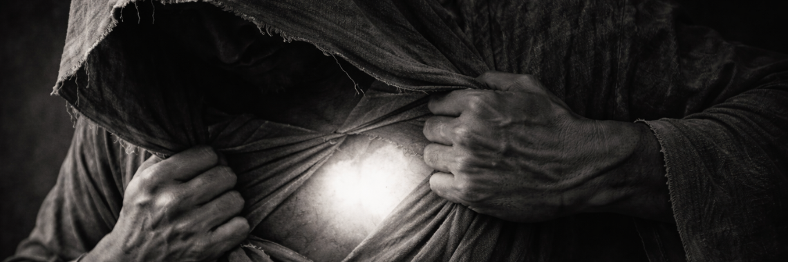Black-and-white photorealistic scene symbolizing the “veil over the heart” and the turning of the heart toward Christ’s light.
