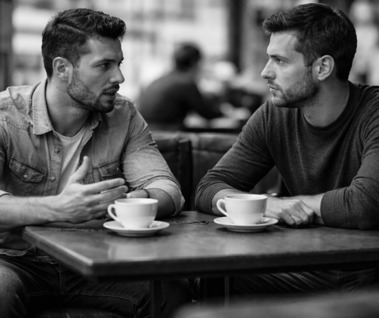 Black-and-white photo of two people having a calm conversation in a modern urban setting, with relaxed posture and a respectful atmosphere.