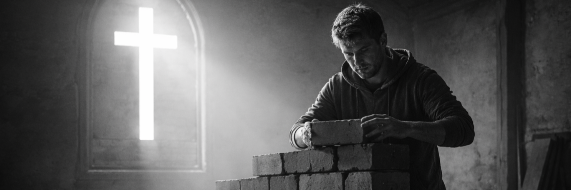 Black-and-white photorealistic image of a man building a brick wall while a bright cross shines behind him, symbolizing religious self-effort, self-righteousness, and Christ’s sufficiency.