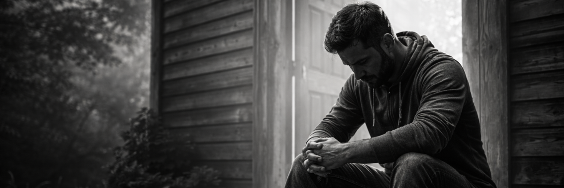 Black-and-white photorealistic image of a man sitting in deep reflection near an open Bible, symbolizing conscience, conviction, and turning toward God’s light