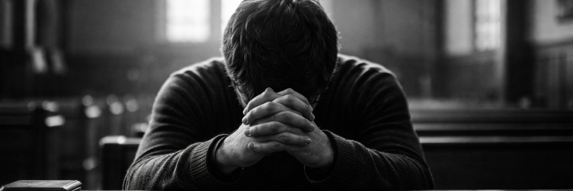 Black-and-white photo of a person praying alone in a church pew, symbolizing a shaken heart seeking God.