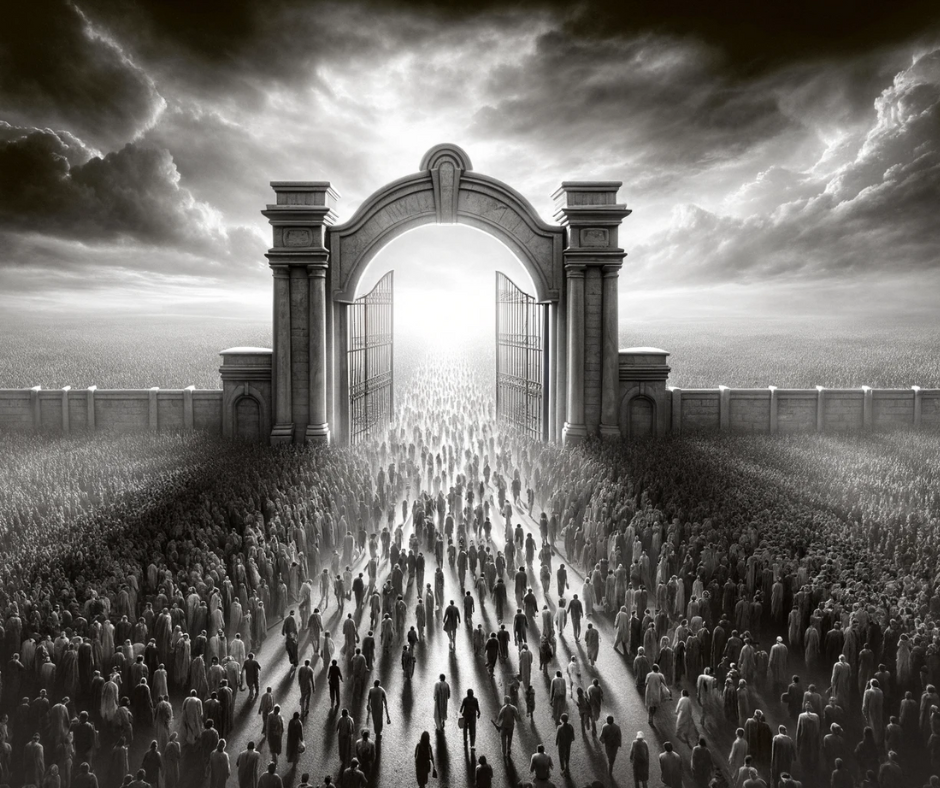A crowded wide road with people entering through an open gate, as described in Matthew 7:13.