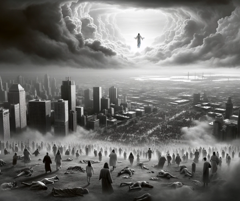 Depiction of the rapture with Jesus in the clouds and people being taken up, as others remain confused on the ground.