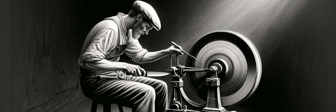 Black and white photo of a man sharpening a knife on a foot-operated grinding wheel, illustrating Ecclesiastes 10:10