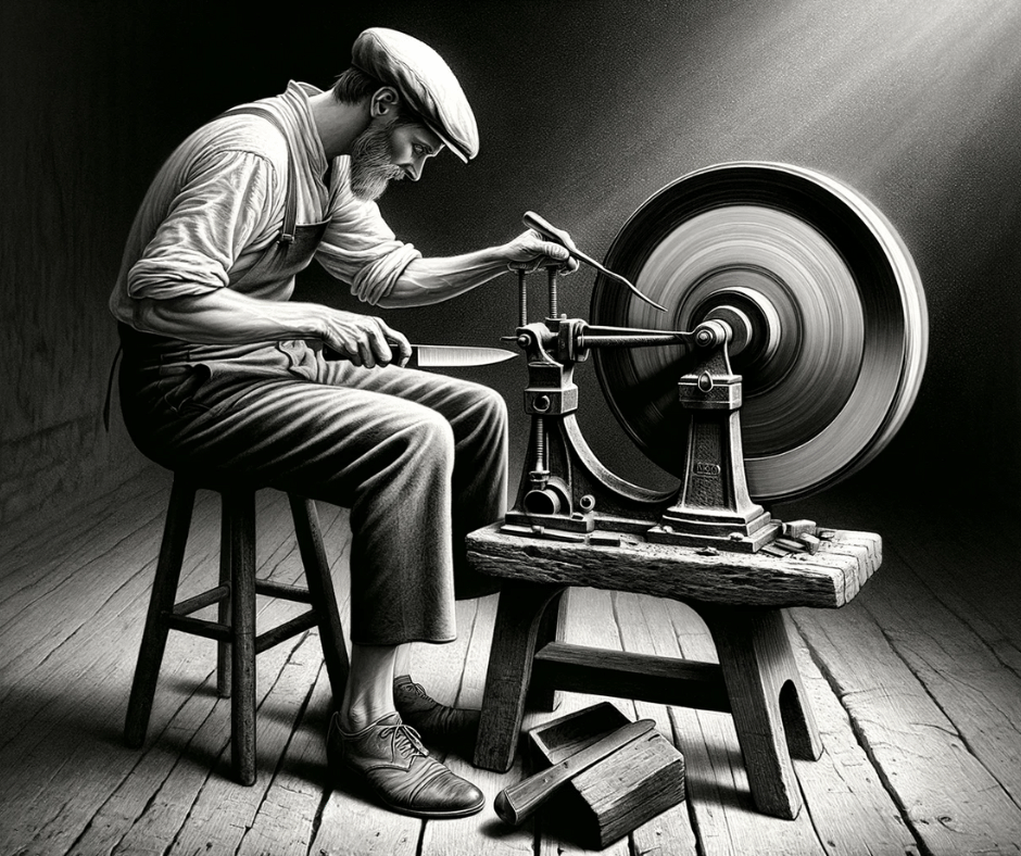 Black and white photo of a man sharpening a knife on a foot-operated grinding wheel, illustrating Ecclesiastes 10:10