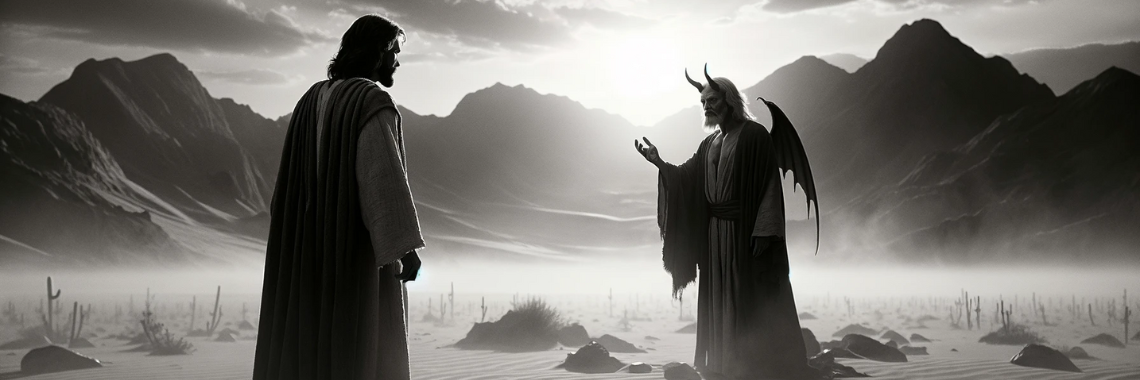 Artistic depiction of Jesus resisting Satan's temptations in the wilderness.