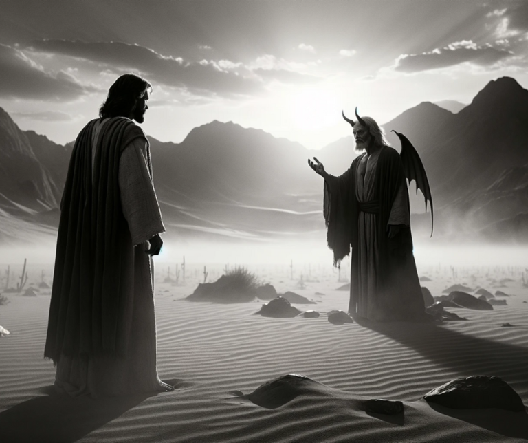 Artistic depiction of Jesus resisting Satan's temptations in the wilderness.