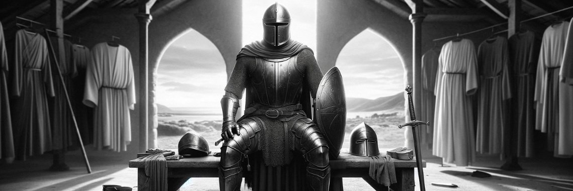 Middle-aged man sitting on a bench in full armor, expressing the significance of the spiritual armor as described in Ephesians 6:11-18.