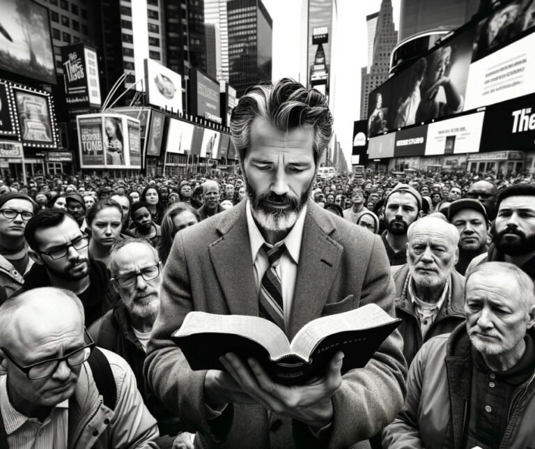 Middle-aged man reading Bible teachings to a crowd in a large city square.