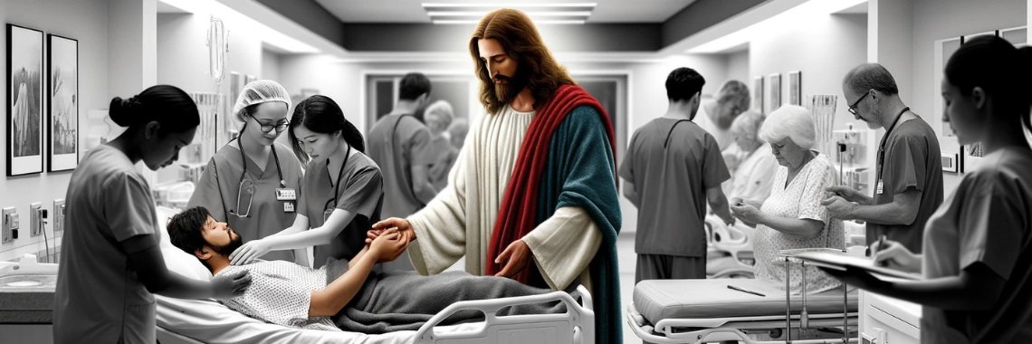 Jesus Christ standing beside a hospital bed, holding the hand of a patient.