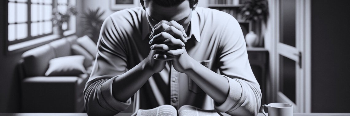 Man praying at desk with head bowed and an open Bible in front.