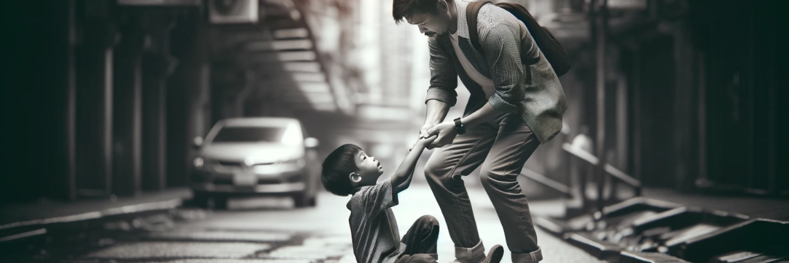 A father helping his small child up on the road, reflecting Proverbs 22:6.