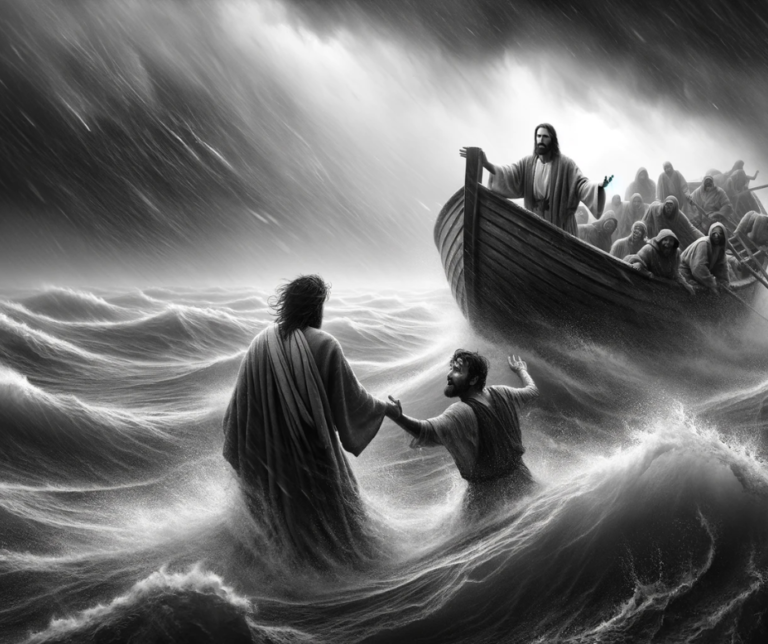 Peter walking on water towards Jesus