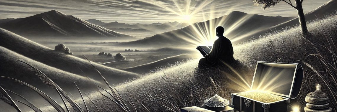 A serene hillside illuminated by the radiant light of the Heavenly Father, with a lone figure reading the Word of God, symbolizing spiritual wisdom.