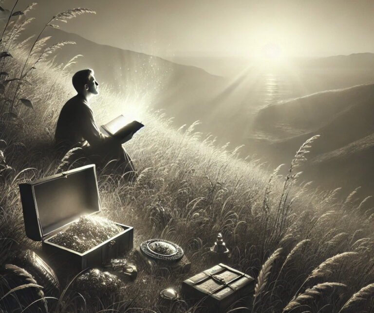 A serene hillside illuminated by the radiant light of the Heavenly Father, with a lone figure reading the Word of God, symbolizing spiritual wisdom.