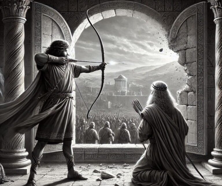 King Joash stands at the open castle window with a drawn bow, ready to shoot, with Prophet Elisha beside him.