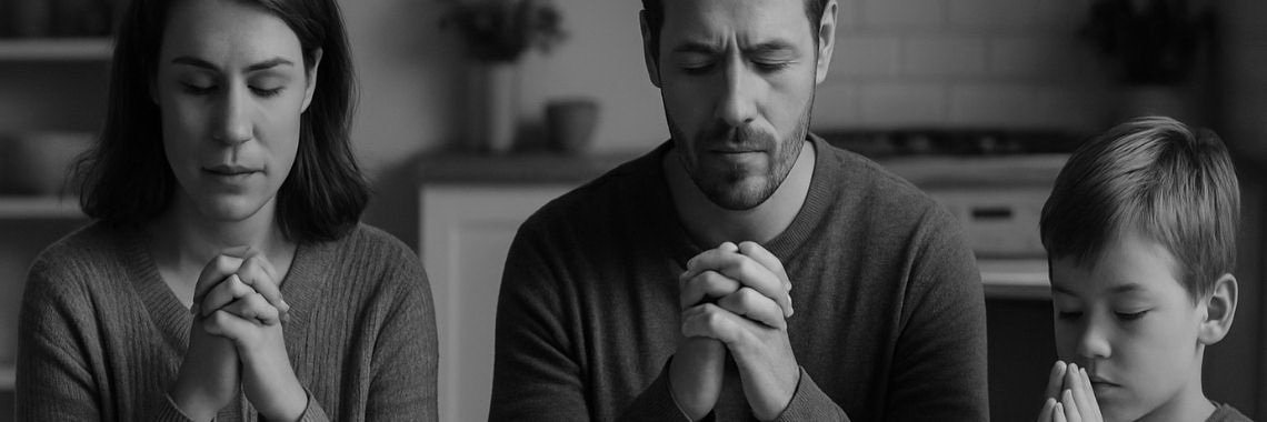 A family seated at the dinner table with heads bowed and hands clasped, praying before their meal.