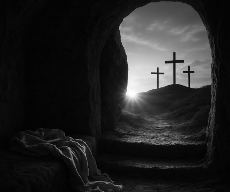 The empty tomb of Jesus with the stone rolled away, symbolizing the resurrection.