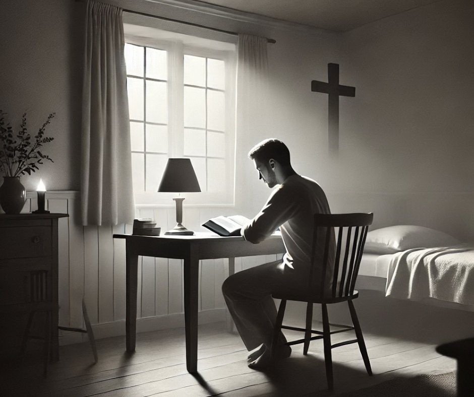 A person quietly reading the Bible in a personal prayer room, illuminated by soft natural light.