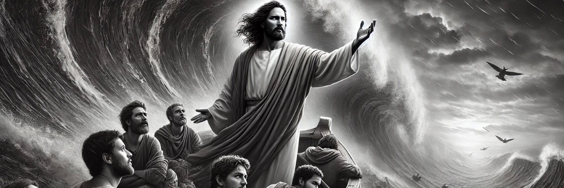 Jesus standing calmly in a stormy boat, surrounded by his frightened disciples as light breaks through dark clouds.