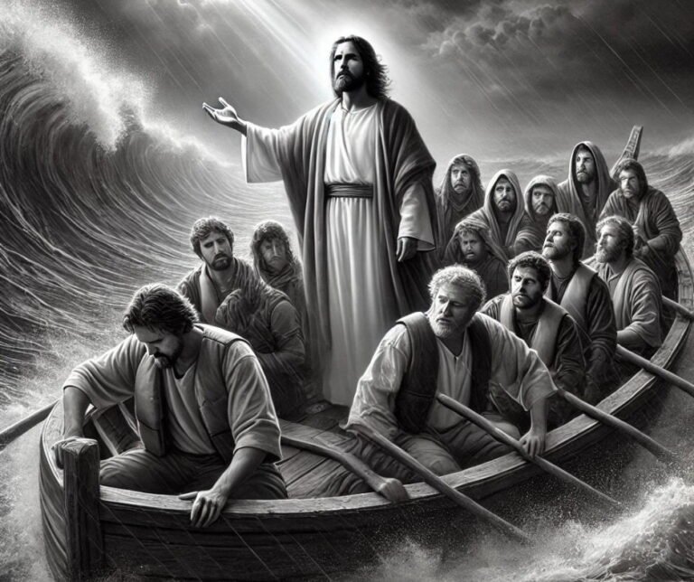 Jesus standing calmly in a stormy boat, surrounded by his frightened disciples as light breaks through dark clouds.