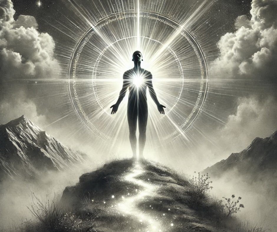 A black and white image of a person standing with arms open, a glowing heart in the chest, surrounded by light and mountains.