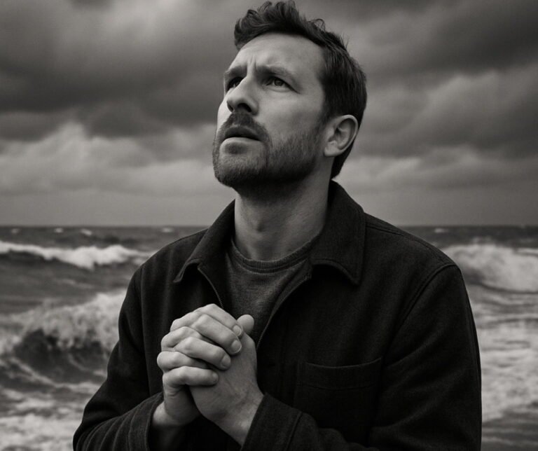 A family of four prays together on a stormy seashore, their hands clasped and faces deeply reverent.