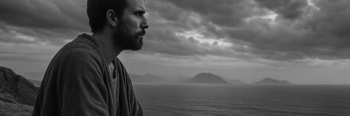 A contemplative man in a robe sits on a cliff above the sea, watching the horizon.