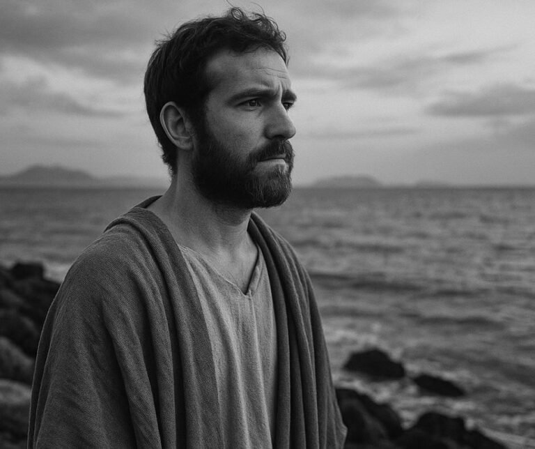 A contemplative man in a robe sits on a cliff above the sea, watching the horizon.