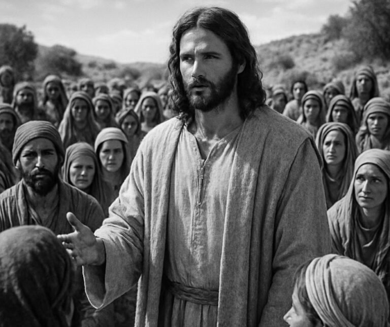 Jesus preaches to a large crowd in biblical times, surrounded by attentive listeners under the open sky.