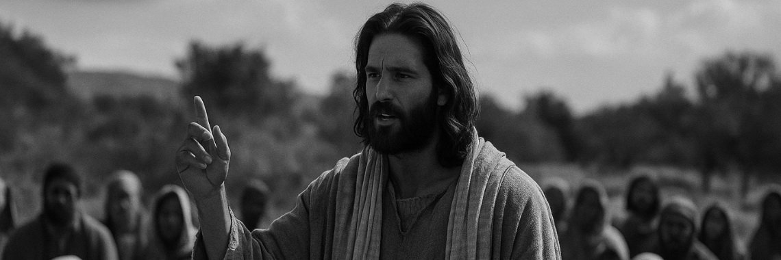 Jesus preaches to a large crowd in biblical times, surrounded by attentive listeners under the open sky.