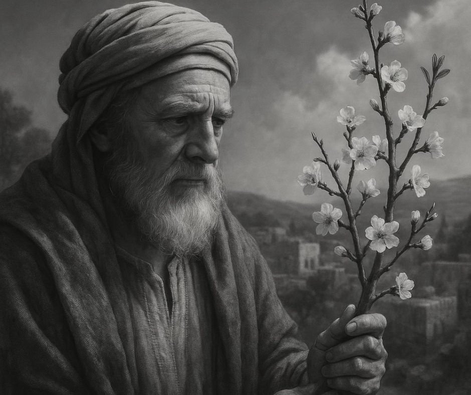 Almond branch with blossoms symbolizing God's watchfulness over His Word, inspired by Jeremiah 1:11–12.