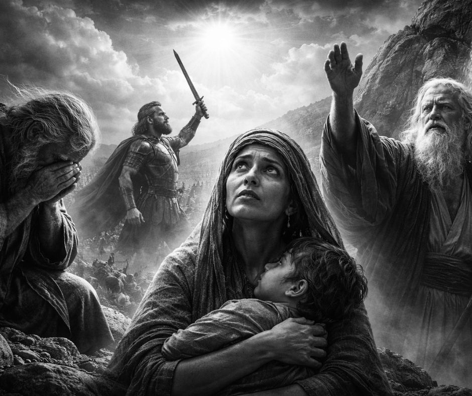 Black-and-white photorealistic scene of Elijah praying, the widow of Zarephath holding her child, Joshua with a raised sword, and Moses by the rock—showing that prayer is not a magic phrase.