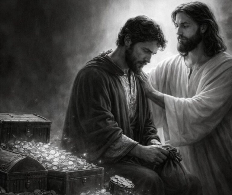 Jesus comforts the rich young ruler as treasure lies nearby, showing the struggle between wealth and following Christ.