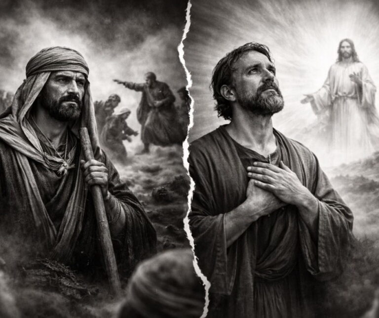 Photorealistic black-and-white image showing the transformation of Saul into Paul, divided by a jagged break line, contrasting persecution with faith in Christ.