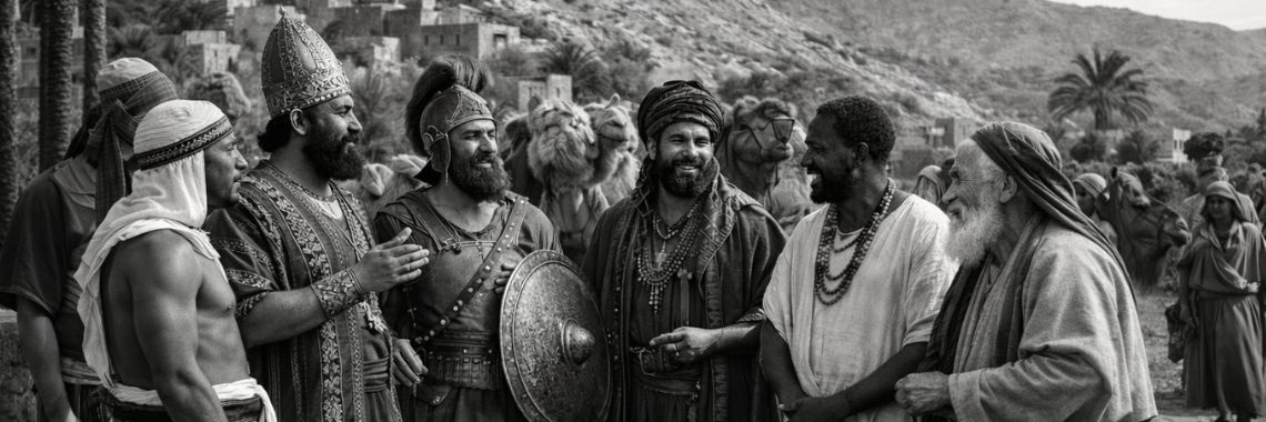 Black-and-white photorealistic scene of six men in ancient clothing in serious conversation beside a stone wall, with a fortified hillside city behind them, camels nearby, and a goat in the foreground—capturing a sober moment of correction and counsel.
