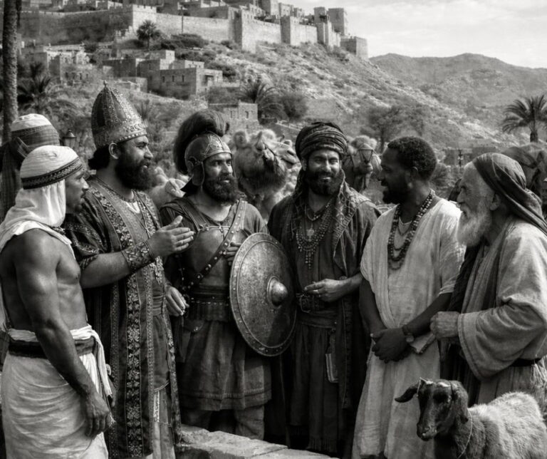 Black-and-white photorealistic scene of six men in ancient clothing in serious conversation beside a stone wall, with a fortified hillside city behind them, camels nearby, and a goat in the foreground—capturing a sober moment of correction and counsel.