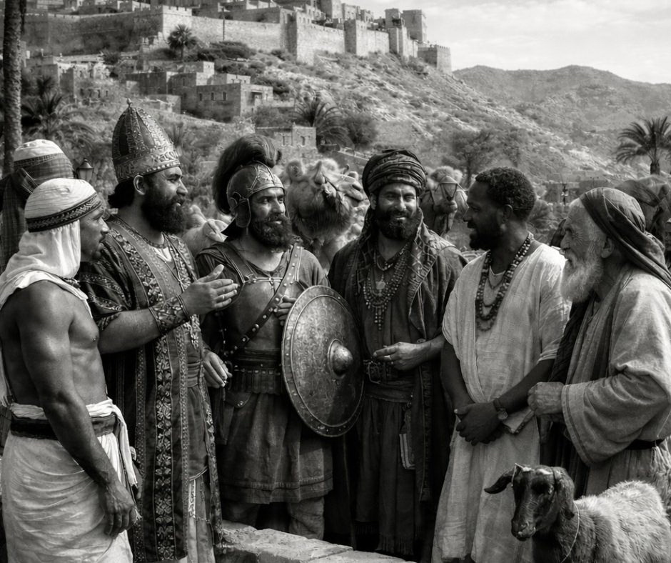 Black-and-white photorealistic scene of six men in ancient clothing in serious conversation beside a stone wall, with a fortified hillside city behind them, camels nearby, and a goat in the foreground—capturing a sober moment of correction and counsel.