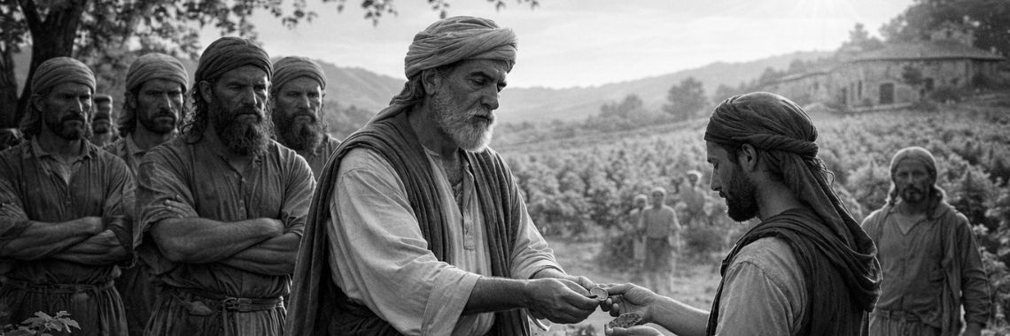 Black-and-white photorealistic scene of a vineyard owner paying a denarius to a late-hired worker while early workers watch with displeasure.