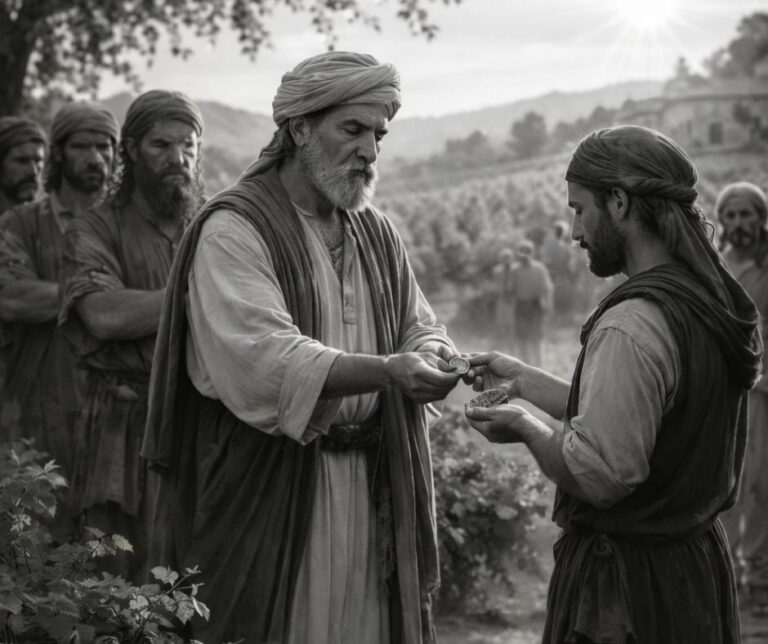 Black-and-white photorealistic scene of a vineyard owner paying a denarius to a late-hired worker while early workers watch with displeasure.