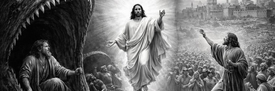 Black-and-white photorealistic composite showing Jonah in a great fish, Jesus rising from the tomb, and Jonah preaching repentance to Nineveh.
