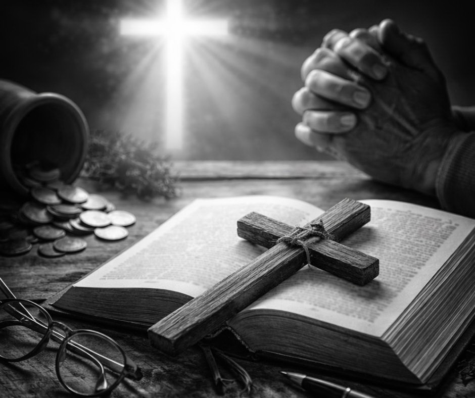 Black-and-white still life of an open Bible with a wooden cross, praying hands, and spilled coins under a radiant cross-shaped light.