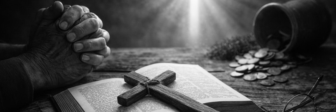 Landscape black-and-white scene with clasped praying hands, open Bible and wooden cross, coins spilling from a jar, and bright cross-light in the background.