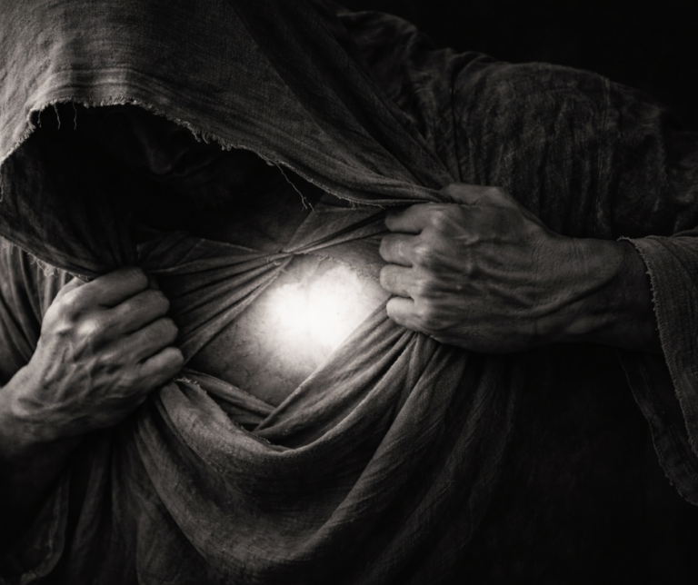 Black-and-white photorealistic scene symbolizing the “veil over the heart” and the turning of the heart toward Christ’s light.