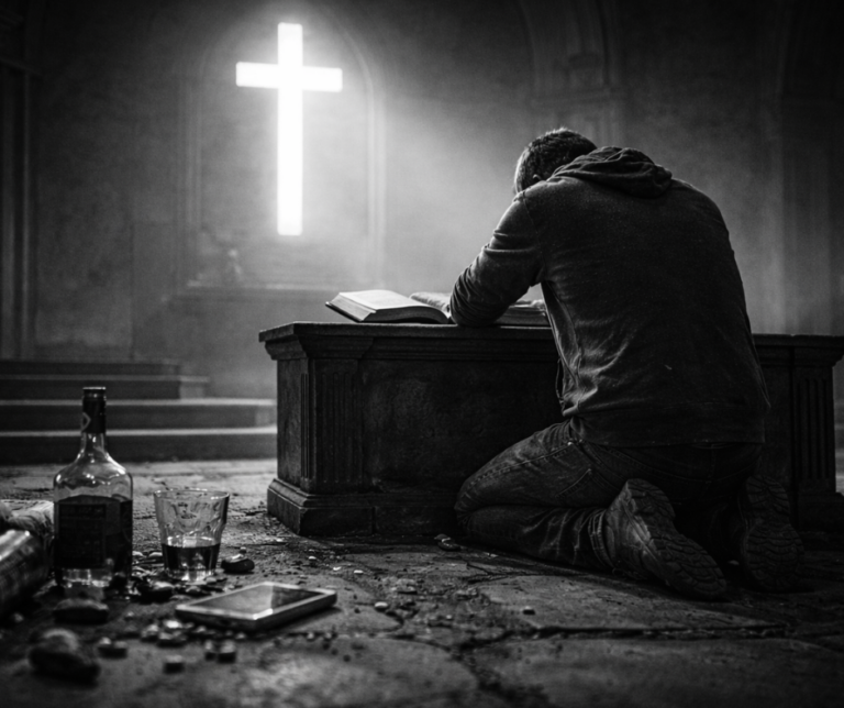 Black-and-white photorealistic image of a man kneeling in prayer before an altar and open Bible, with broken bottles and a phone on the floor, symbolizing repentance, conscience, dead works, and Christ’s cleansing grace.