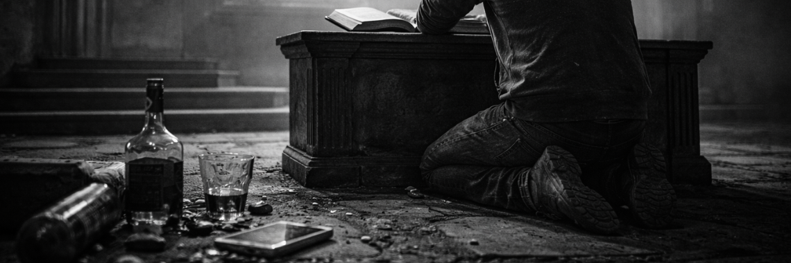 Black-and-white photorealistic image of a man kneeling in prayer before an altar and open Bible, with broken bottles and a phone on the floor, symbolizing repentance, conscience, dead works, and Christ’s cleansing grace.