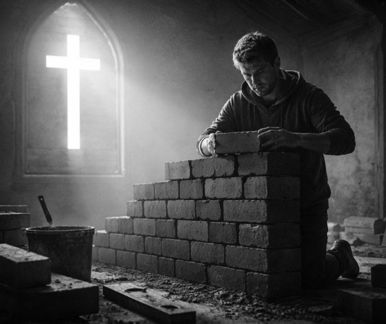Black-and-white photorealistic image of a man building a brick wall while a bright cross shines behind him, symbolizing religious self-effort, self-righteousness, and Christ’s sufficiency.