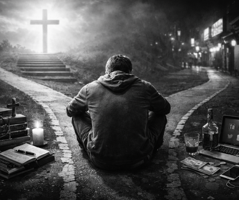 Black and white photorealistic crossroads scene showing a man seated between a narrow path toward a cross and a wide road symbolizing worldly distractions, illustrating Christian legalism versus grace in Christ